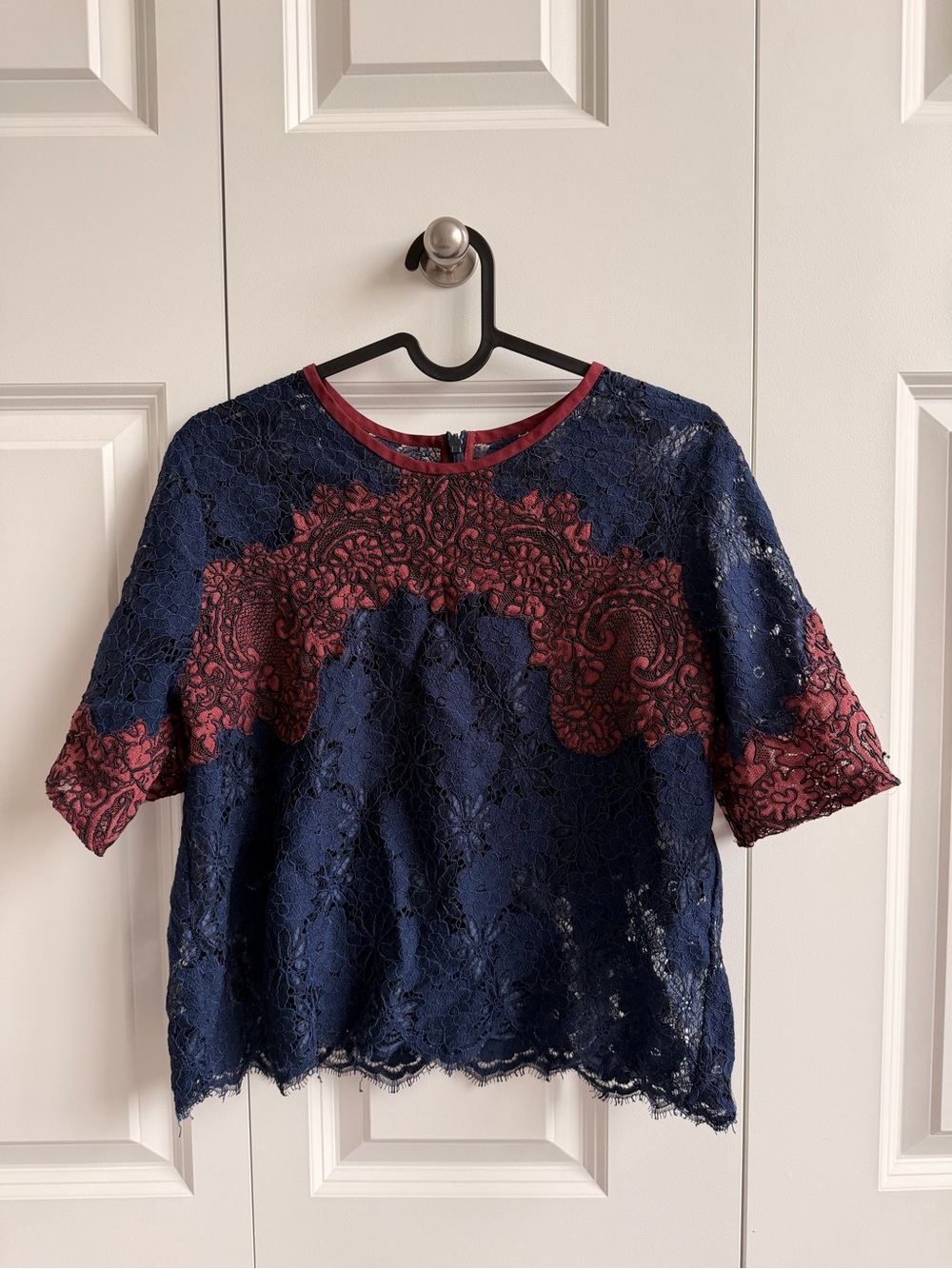 Sandro Navy Lace Top with Burgundy Embroidered Accent